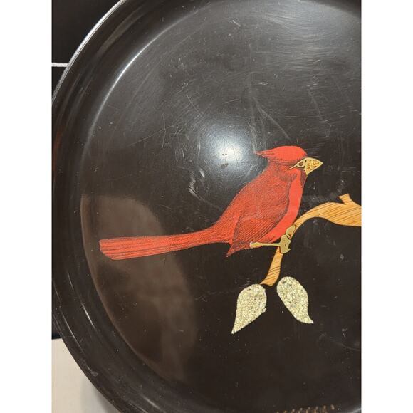 Couroc of Monterey Red Cardinal Bird on Branch Round Black Tray Platter 10½" GUC - Picture 4 of 11